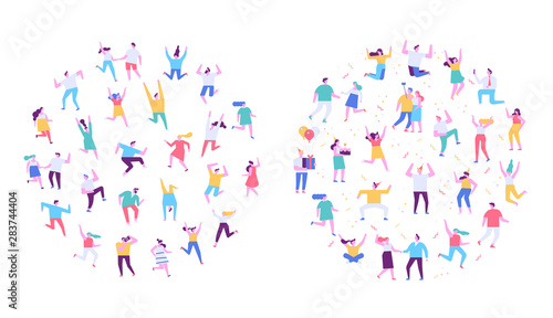 Happy people. Flat vector character set. People dancing and have fun. Birthday party, celebration, event. Friendship. Couples. Men and women enjoying dance party isolated on white. 
