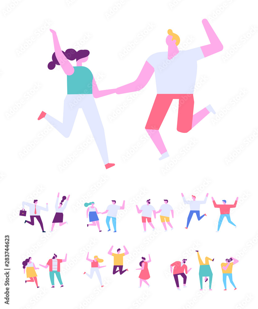 Happy couple dancing and have fun. Man and woman together. Flat vector characters. Birthday party, student party, celebration, event. Happy people isolated on white background. 