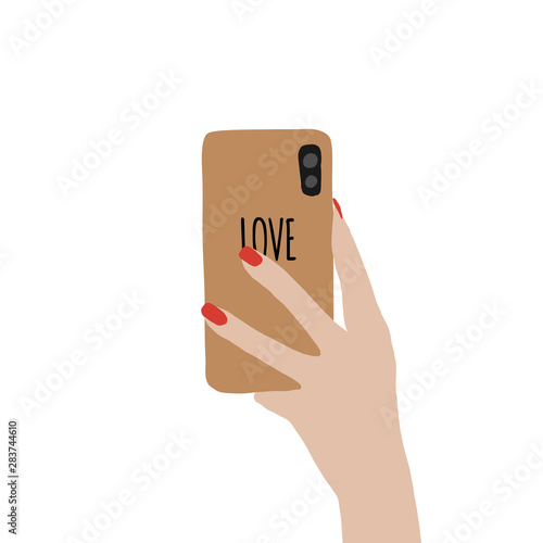 Hand holds the phone with a case and the inscription love. Selfie, call, chat, photo, photography. Video chatting online on smartphone. Hand holds smartphone. Trendy flat style. Vector illustration.