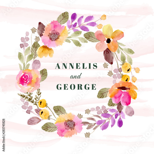 wedding badge with colorful floral wreath watercolor