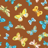 Exotic wildlife rainforest butterfly pattern for nature and garden lovers . Scattered hand drawn butterfly, in pastel tones on brown. Seamless vector for home decor, stationary and fashion.