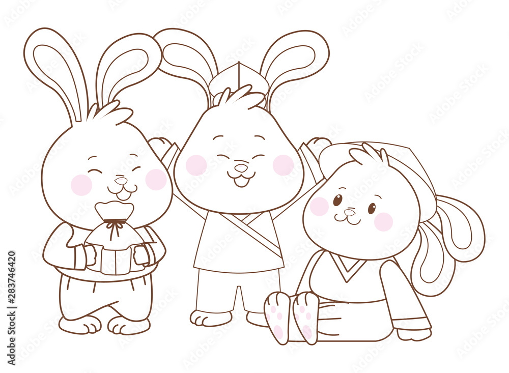 Rabbits celebrating mid autumn festival cartoons in black and white Rabbits celebrating mid autumn festival cartoons in black and white