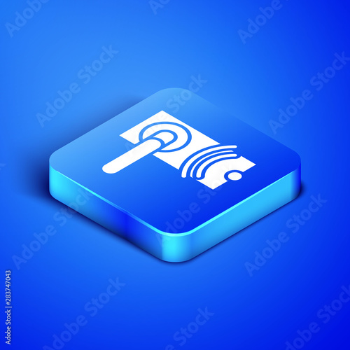 Isometric Digital door lock with wireless technology for unlock icon isolated on blue background. Door handle sign. Security smart home. Blue square button. Vector Illustration