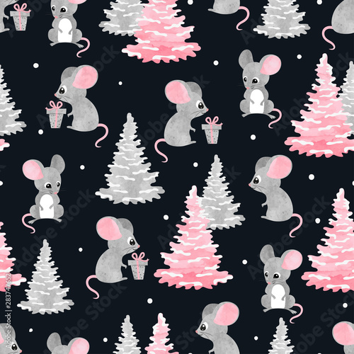 Seamless Christmas pattern with cute watercolor mouse and tree. Holiday backg...