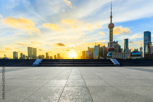 Sunrise Shanghai urban architectural landscape and square ground