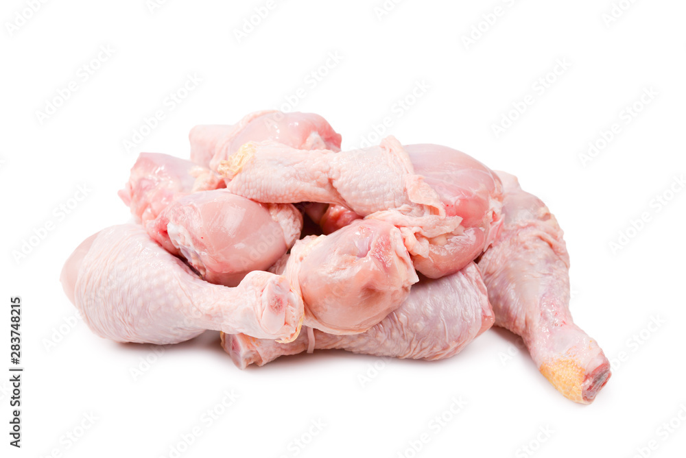 Tasty raw chicken legs. Top view. Isolated on white