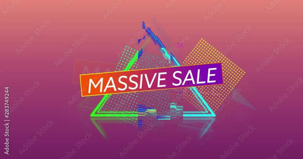 Massive sale graphic and colourful shapes tumble into place on dark pink background 4k Massive sale graphic and colourful shapes tumble into place on dark pink background 4k