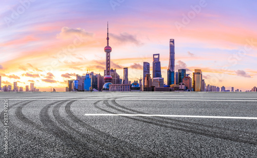 Shanghai morning city landscape and asphalt road