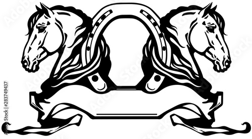two heads of horses in profile. Logo, banner, emblem with horseshoe and ribbon scroll. Black and white side view vector