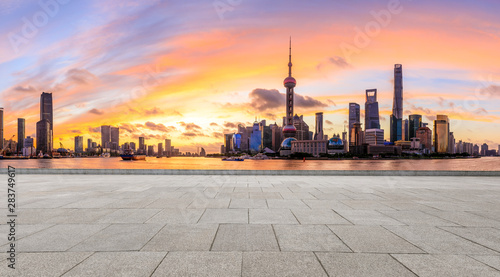 Sunrise landscape and square floor of Shanghai City Business Center