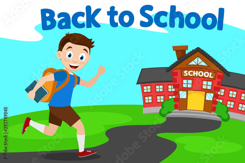 Schoolboy smiles and runs down path to school. Back to school