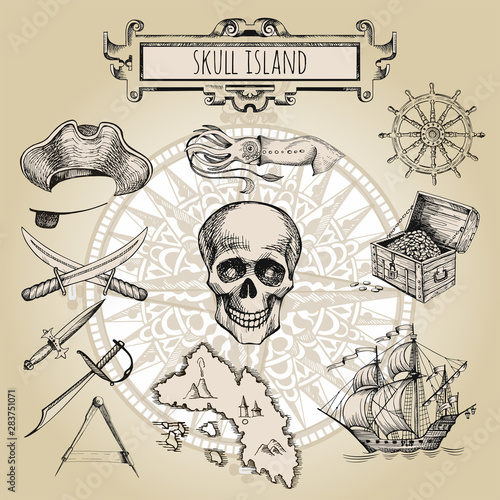 Skull island. Set of elements for a pirate design. Sea monster, giant squid, pirate treasures, jolly roger. Hand drawn vector sketch. Detail of the old geographical maps of sea