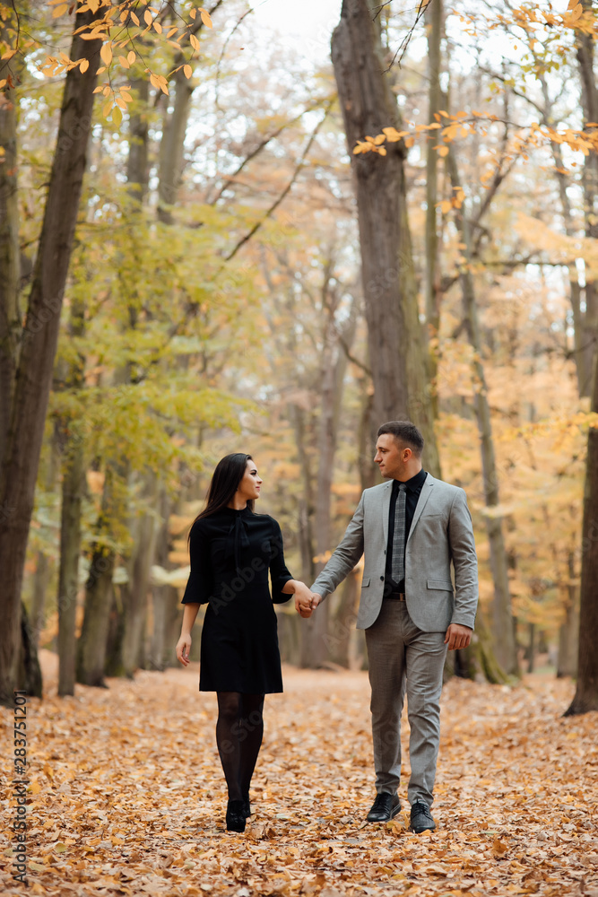 Lovers walking hand in hand in autumn park Lovers walking hand in hand in autumn park