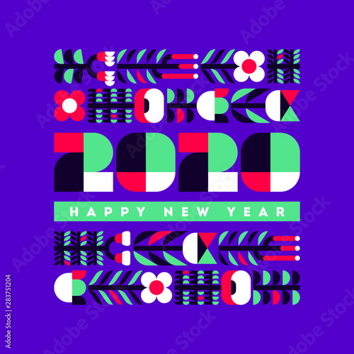 Happy New Year 2020 greeting card. Colorful numbers with geometric flowers and plants on vibrant purple background. Abstract vector illustration for brochure cover or holiday calendar
