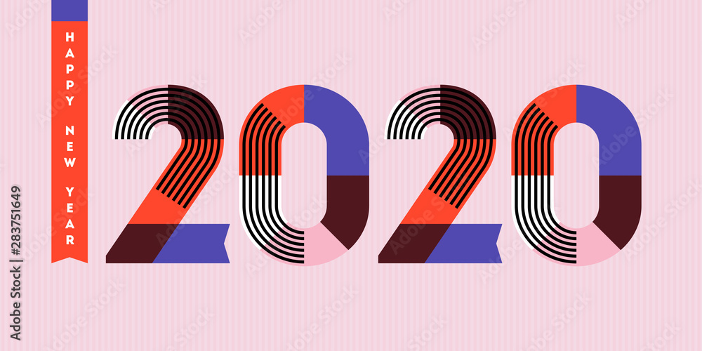 Happy New Year 2020 design. Multicolored abstract numbers with stripes and ribbons on pink background. Elegant vector illustration in retro style for holiday calendar, greeting card, flyer or banner