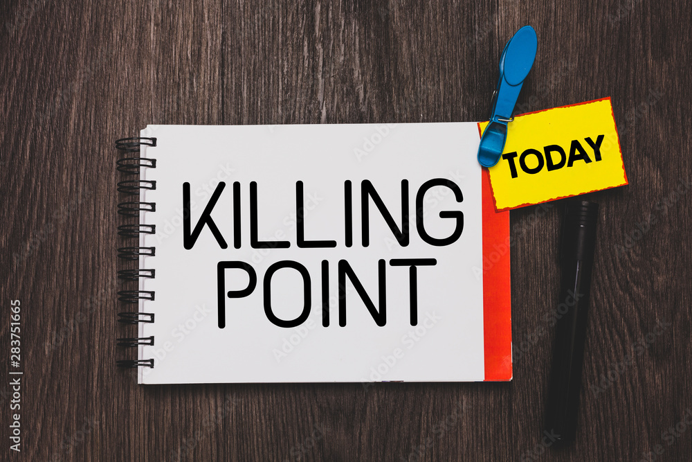 Writing note showing Killing Point. Business photo showcasing Phase End Review Stage Gate Project Evaluation No Go Open notebook white page clothespin holding reminder wooden background Writing note showing Killing Point. Business photo showcasing Phase End Review Stage Gate Project Evaluation No Go Open notebook white page clothespin holding reminder wooden background