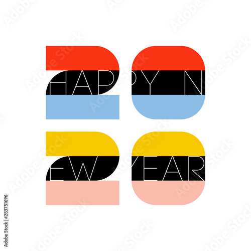 Multicolored numbers 2020 and happy New Year greetings isolated on white background. Elegant vector illustration in retro style for holiday calendar, greeting card, flyer or banner