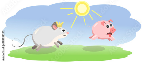 pink color pig running away from rat vector drawing