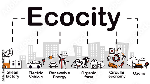 Ecocity icon, green factory, electric vehicle, renewable energy, organic farm, circular economy, ozone, infographic, design for website, publisher, poster, minimal flat vector, easy to adjust color.
