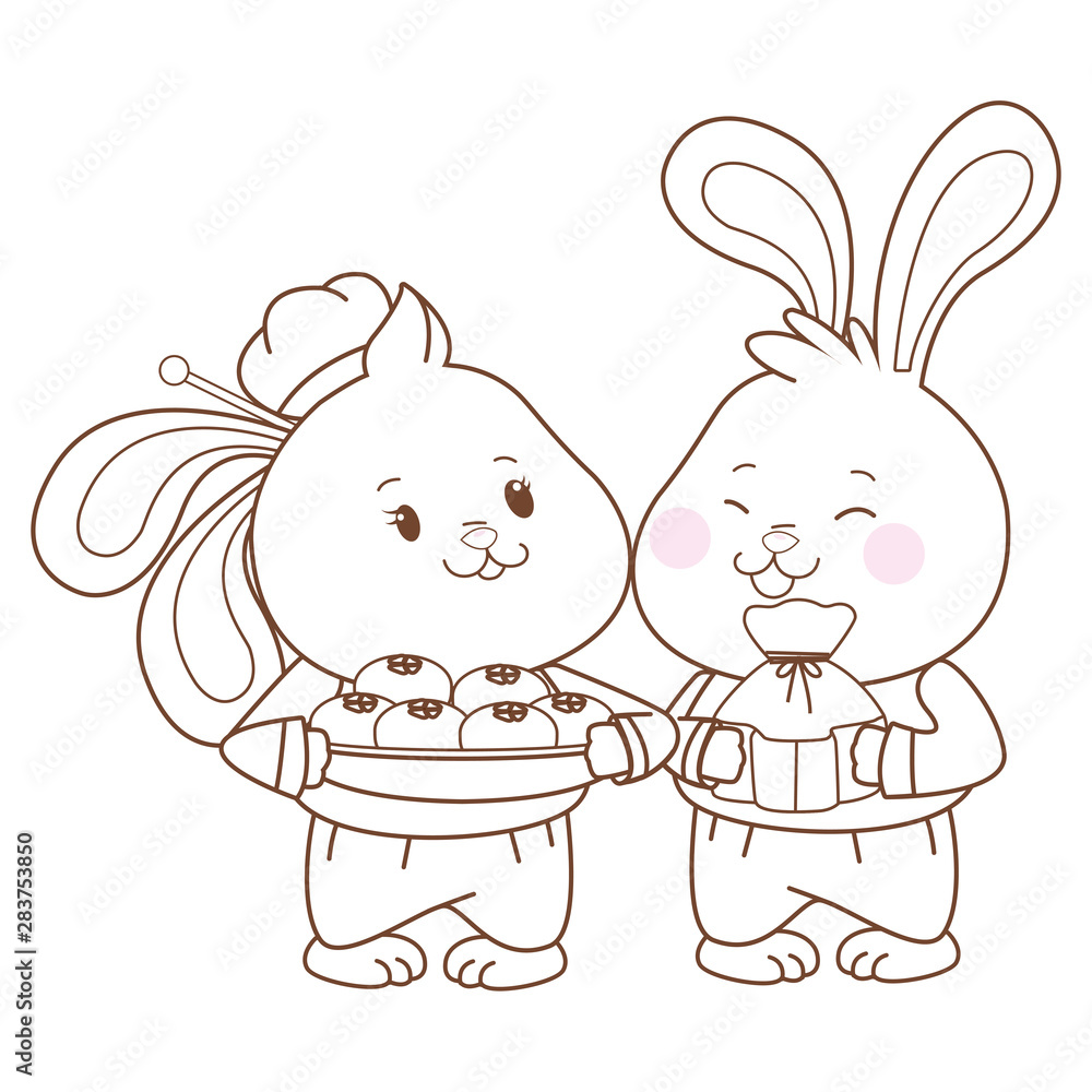 Rabbits in mid autumn festival cartoons in black and white Rabbits in mid autumn festival cartoons in black and white