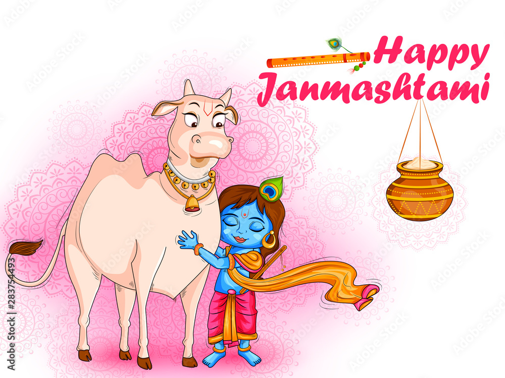 Kanha with Cow on Krishna Janmashtami festival background of India in vector Stock Vector | Adobe Stock Kanha with Cow on Krishna Janmashtami festival background of India in vector Stock Vector | Adobe Stock