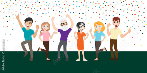 Cartoon character with happy people celebrate an important event or party. Joyful emotions. Vector illustration