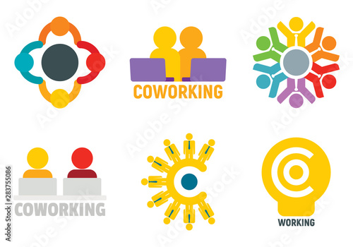 Coworking logo set. Flat set of coworking vector logo for web design