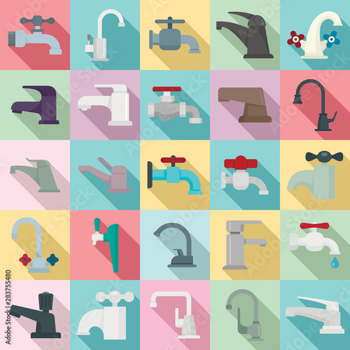 Faucet icons set. Flat set of faucet vector icons for web design