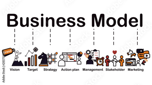 Business model icon, vision, target, strategy, action plan, management, stakeholder and marketing. Business Model banner web icon for infographic.