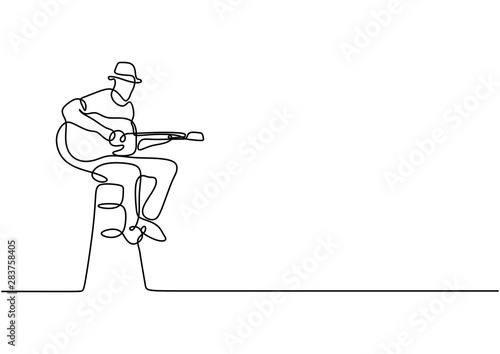 Continuous one line drawing of a man with acoustic guitar sit on chair playing good sound