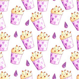 Watercolor seamless pattern. Colorful Cupcakes, Muffins. White background