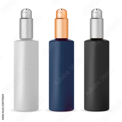 Pump Bottle. Cosmetic Dispenser Package for Serum. Plastic 3d Container For Shampoo, Soap, Medicine Gel. Batcher Bottle Isolated on White. Bath Product for Skin Beauty Care. Medical Treatment Mock Up
