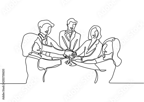 Continuous one line drawing of group of business team work holding hands