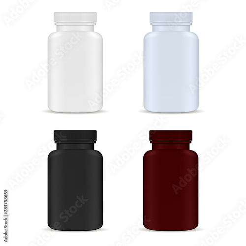 Pill Bottle. Medicine Bottle Set. Plastic Package Blank. Supplement Capsule Jar Isolated on White Background. Healthy Pharmaceutical Product Container. Pharmacy Remedy Packaging Collection