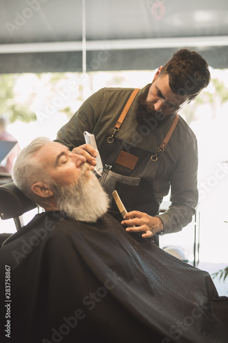Professional barber with combs and aged bearded male client