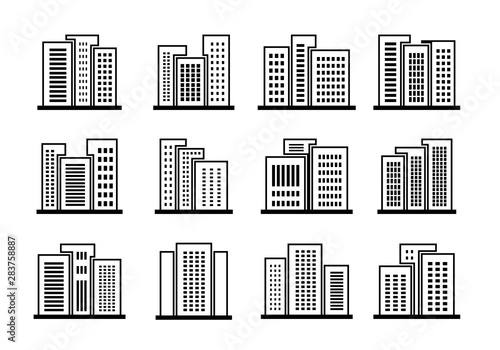 Line buildings and bank icons set, Company and office vector collection, Isolated edifice and residential
