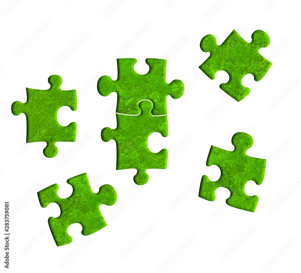 piece of jigsaw created wtih green moss texture on white background piece of jigsaw created wtih green moss texture on white background