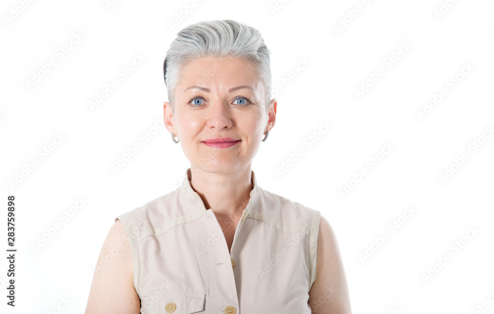 Close up portrait beautiful mature woman smiling broadly in studio, isolation on the white background. Close up portrait beautiful mature woman smiling broadly in studio, isolation on the white background.