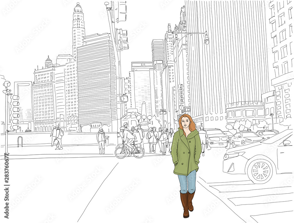 Hand drawn illustration. A stylish woman crosses the street downtown in a city. Hand drawn illustration. A stylish woman crosses the street downtown in a city.