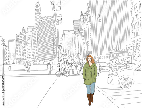 Hand drawn illustration. A stylish woman crosses the street downtown in a city.