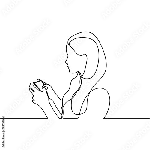 Continuous line drawing of girl with phone playing game