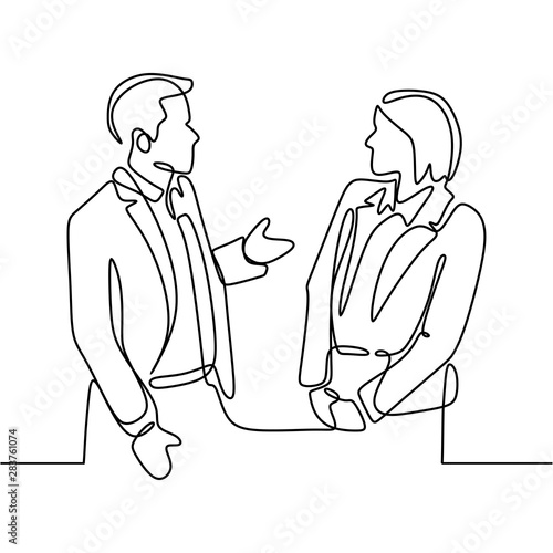 Business discussion of man and woman continuous line drawing one lineart design minimalist vector illustration