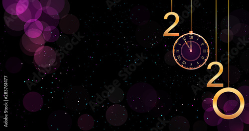 2020 Happy New Year purple bokeh background with hanging golden numbers and vintage clock. Holiday banner, poster, card or invitation template. Copy space © Olena