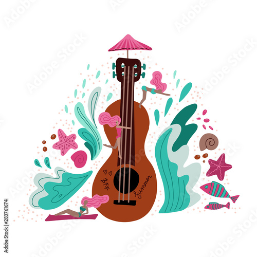 Summer holiday Music metaphor flat illustration. Cartoon girls near huge guitar hand drawn character. Scandinavian style decorative waves and shells. Music festival promo banner, poster design element