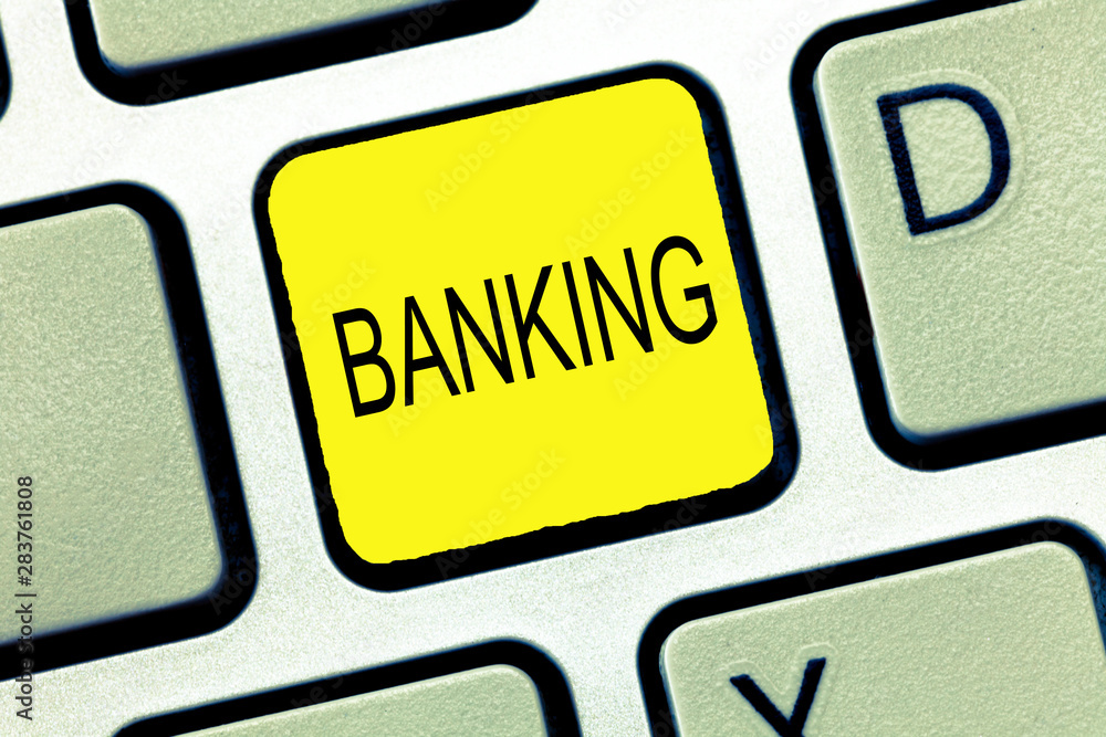 Writing note showing Banking. Business photo showcasing Business conducted or services offered by bank Finance related.