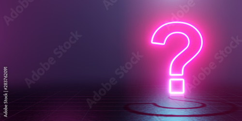 Neon glowing question mark abstract blue and pink background. 3d rendering