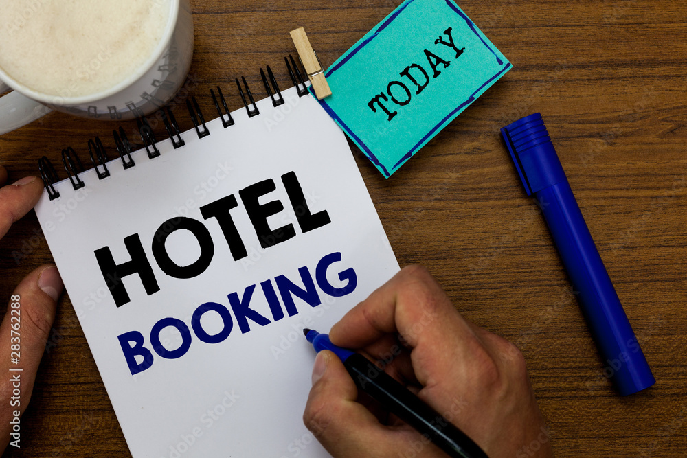 Writing note showing Hotel Booking. Business photo showcasing Online Reservations Presidential Suite De Luxe Hospitality Man holding marker notebook clothespin reminder wooden table coffee Writing note showing Hotel Booking. Business photo showcasing Online Reservations Presidential Suite De Luxe Hospitality Man holding marker notebook clothespin reminder wooden table coffee