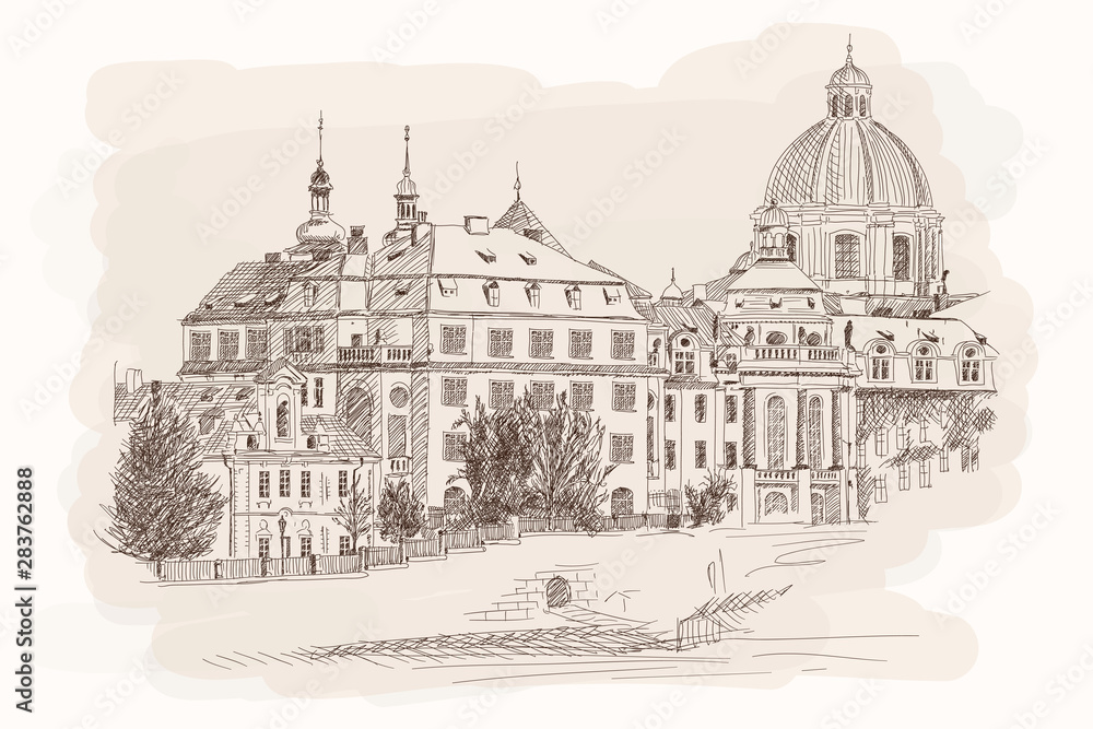 Prague street with old stone houses. A quick pencil sketch.