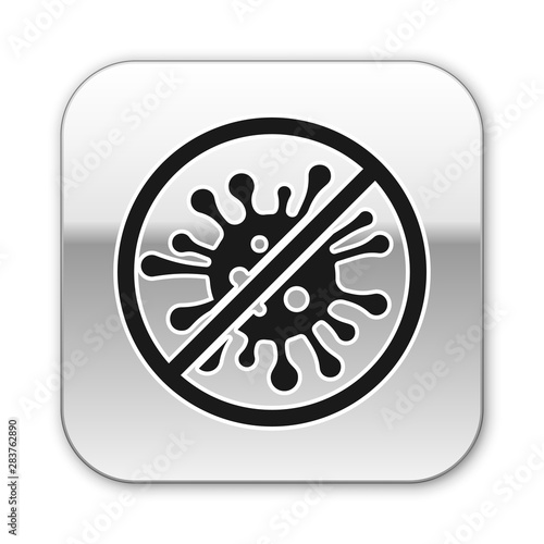Black Stop virus, bacteria, germs and microbe icon isolated on white background. Antibacterial and antiviral defence, protection infection. Silver square button. Vector Illustration