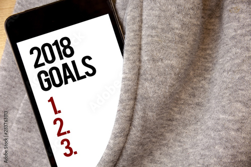 Handwriting text writing 2018 Goals 1. 2. 3.. Concept meaning Resolution Organize Beginnings Future Plans Hoar frost color side pocket cell phone be visible black and red letters